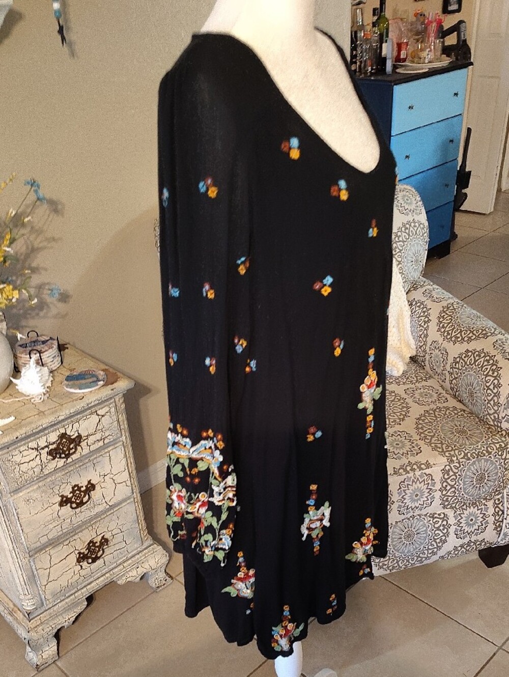 Free People Black Boho Floral  Open Back Mini Dress with Embroidered Details - Picture 5 of 11